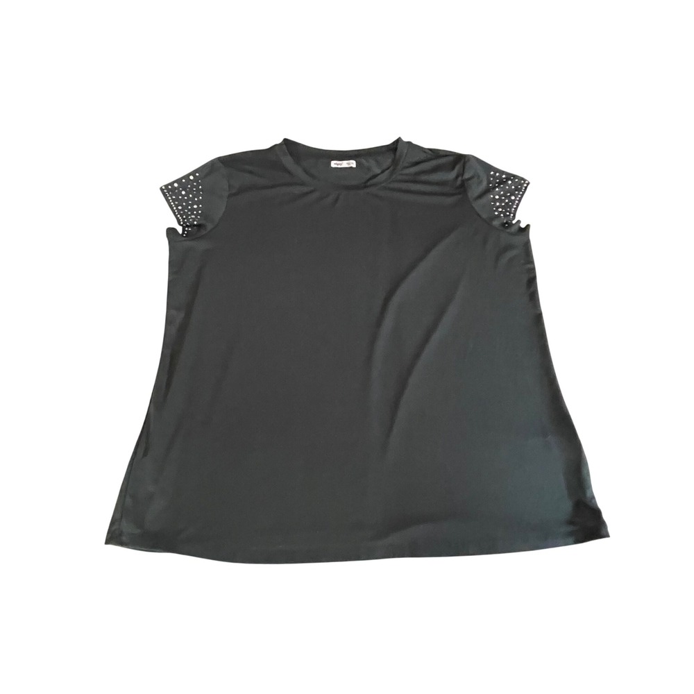 Edgely Womens XL Black Rhinestone Embellished Cap Sleeve Crew Neck Stretch Top